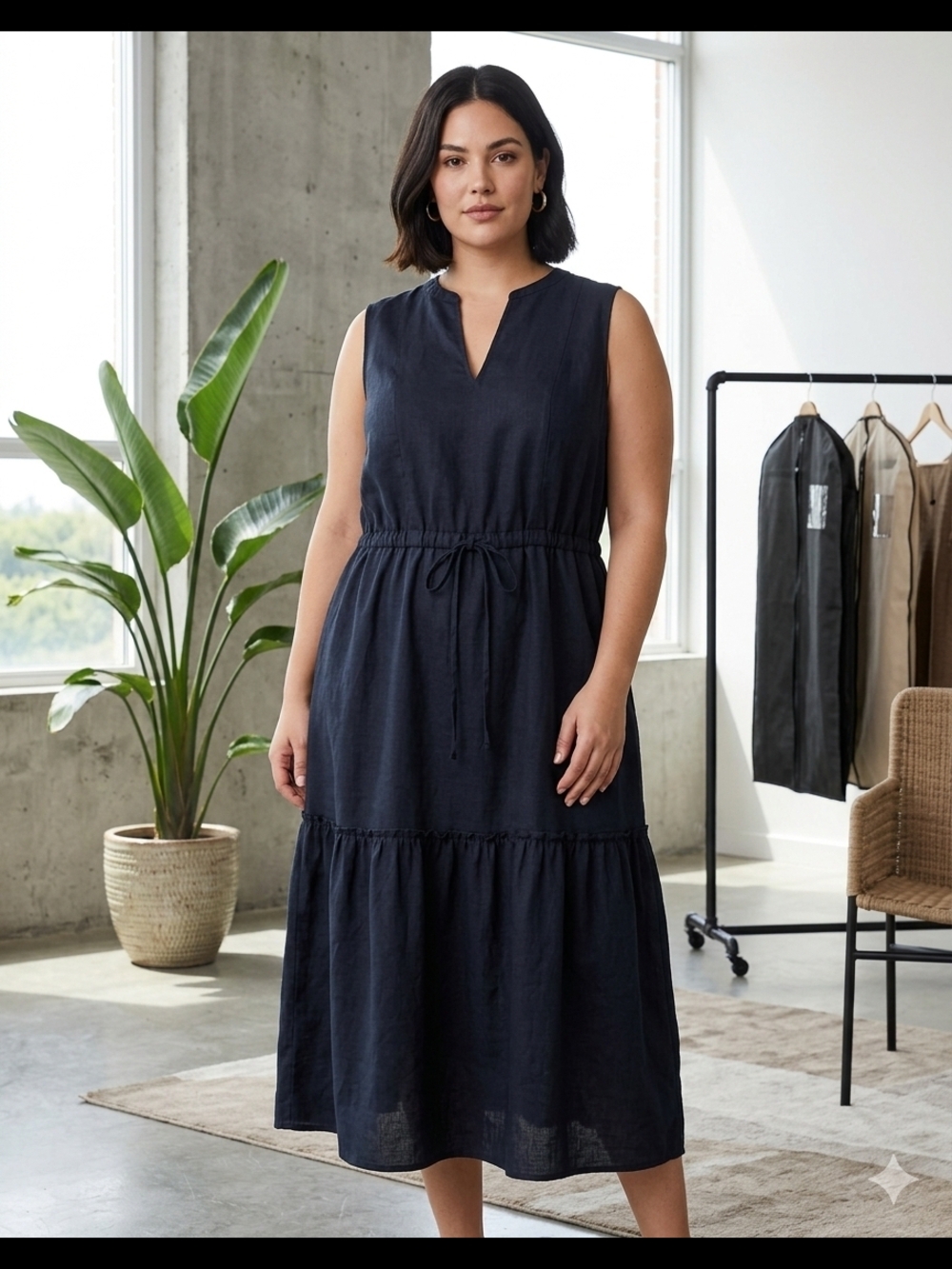 Sleeveless Black Tiered Midi Dress with Drawstring Waist